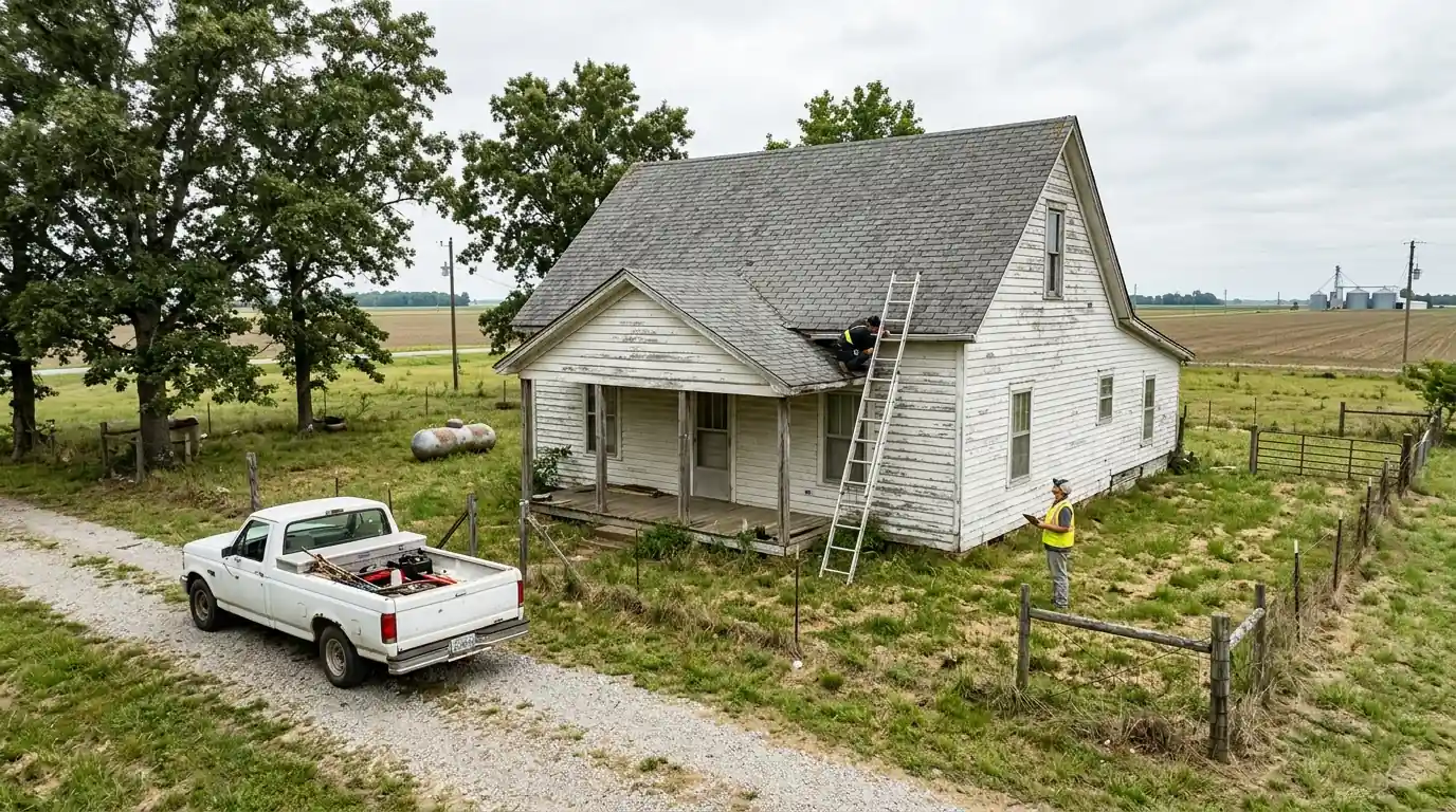 Older frame farmhouse in Carlisle Arkansas with a gray shingle roof under inspection, ladder against the eave, flat rice fields at the edge of town