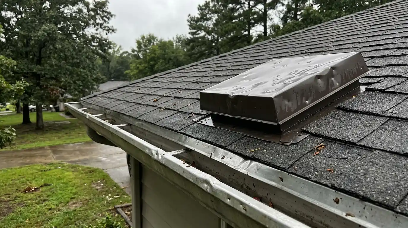 Dented aluminum roof vent and gutter edge showing fresh hail impacts on a central Arkansas home, overcast morning light