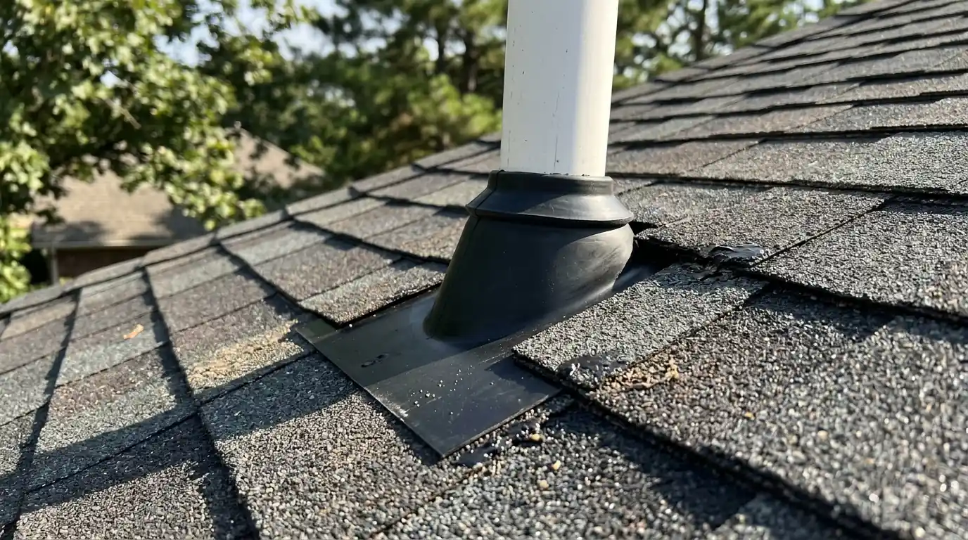 Close view of a new pipe boot and freshly fitted shingles around a plumbing vent on a sunlit asphalt roof in central Arkansas