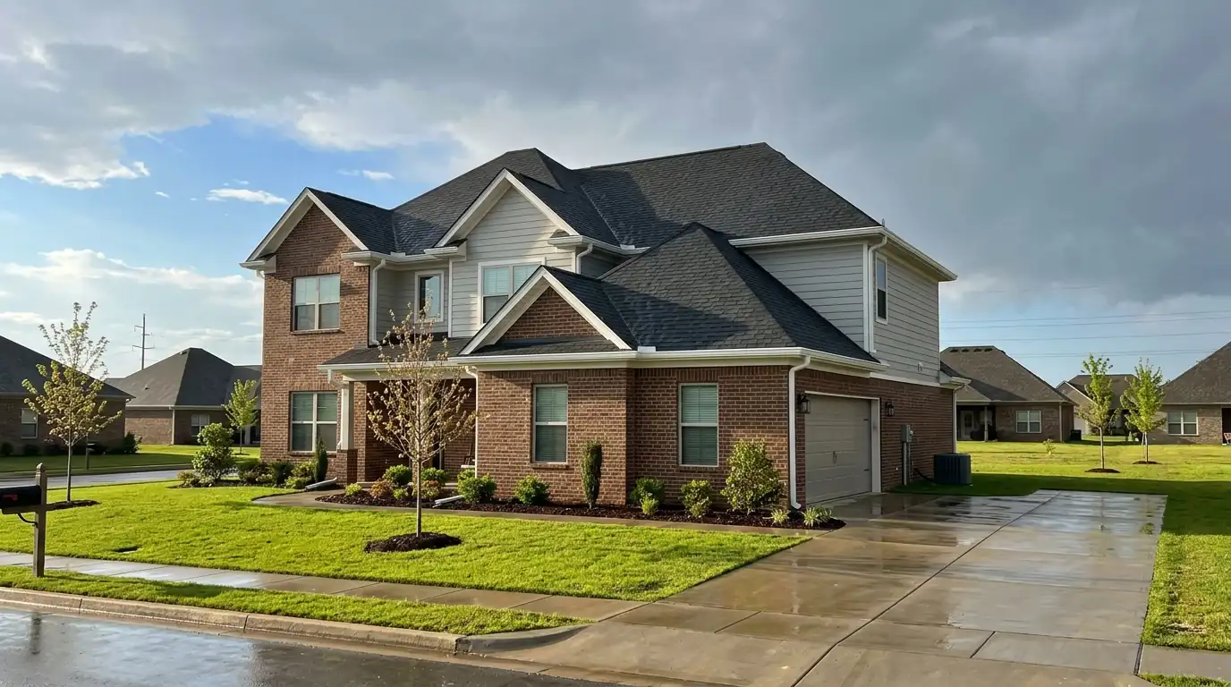 Newer two-story subdivision home in Beebe Arkansas with fresh architectural shingles and new white one-piece gutters, spring storm clouds clearing