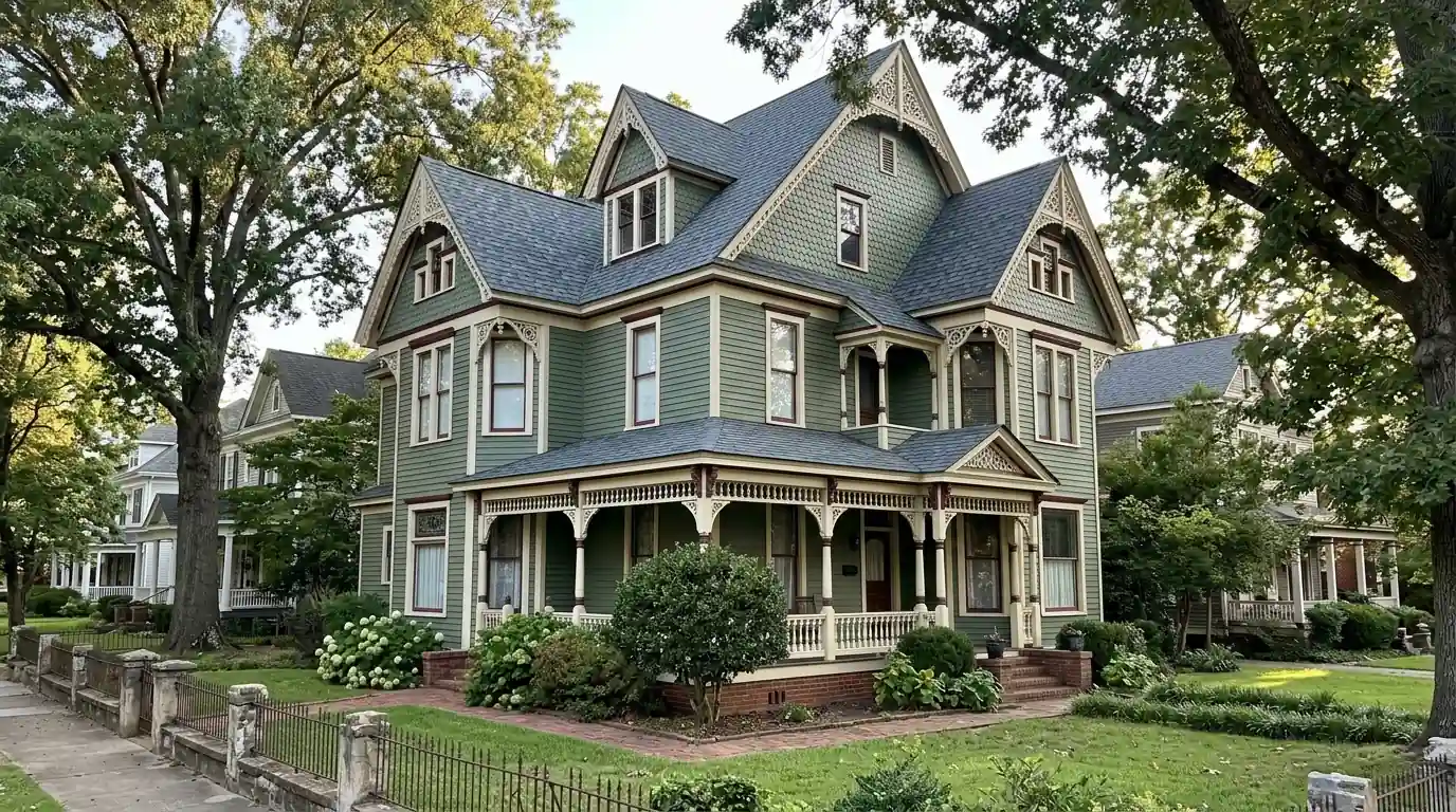 Steep gabled Victorian home in the Quapaw Quarter of Little Rock with new slate gray architectural shingles and restored wood trim