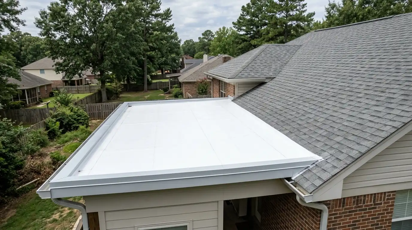 Finished white TPO roof on a flat home addition meeting gray shingles, clean metal edge and drain, central Arkansas neighborhood