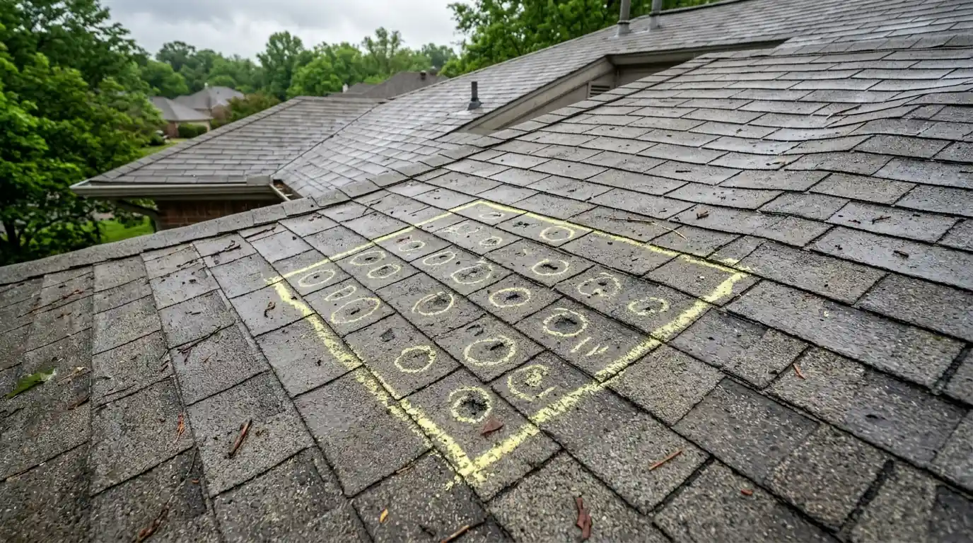 Chalk-circled hail bruises inside a marked test square on weathered gray asphalt shingles, Little Rock roof after a spring storm