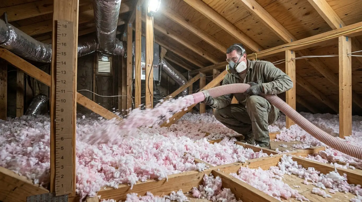 Installer blowing loose-fill fiberglass insulation across the attic floor of a Little Rock home, depth ruler stapled to a ceiling joist