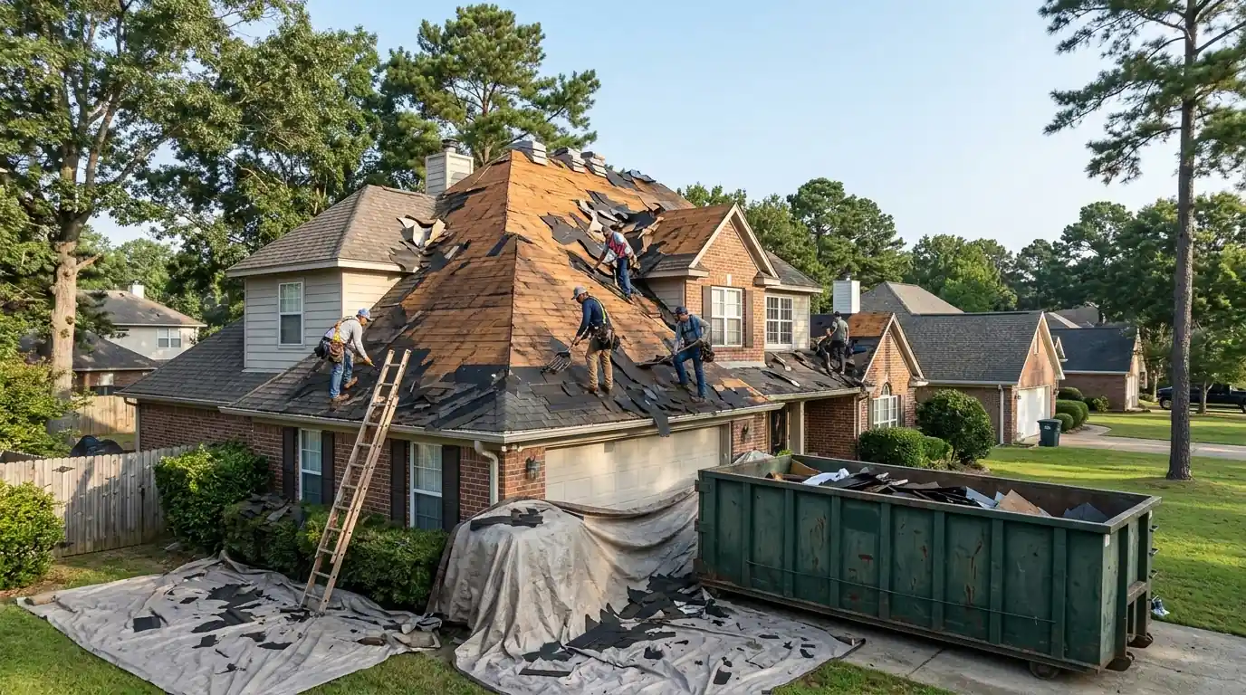 Roofing crew tearing old shingles down to the wood deck on a two-story home in Little Rock, dumpster in the driveway, clear morning
