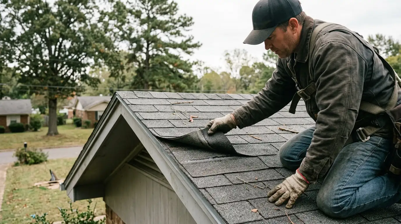 Roofer gently lifting a creased, unsealed asphalt shingle tab near the gable edge of a Little Rock home after straight-line winds