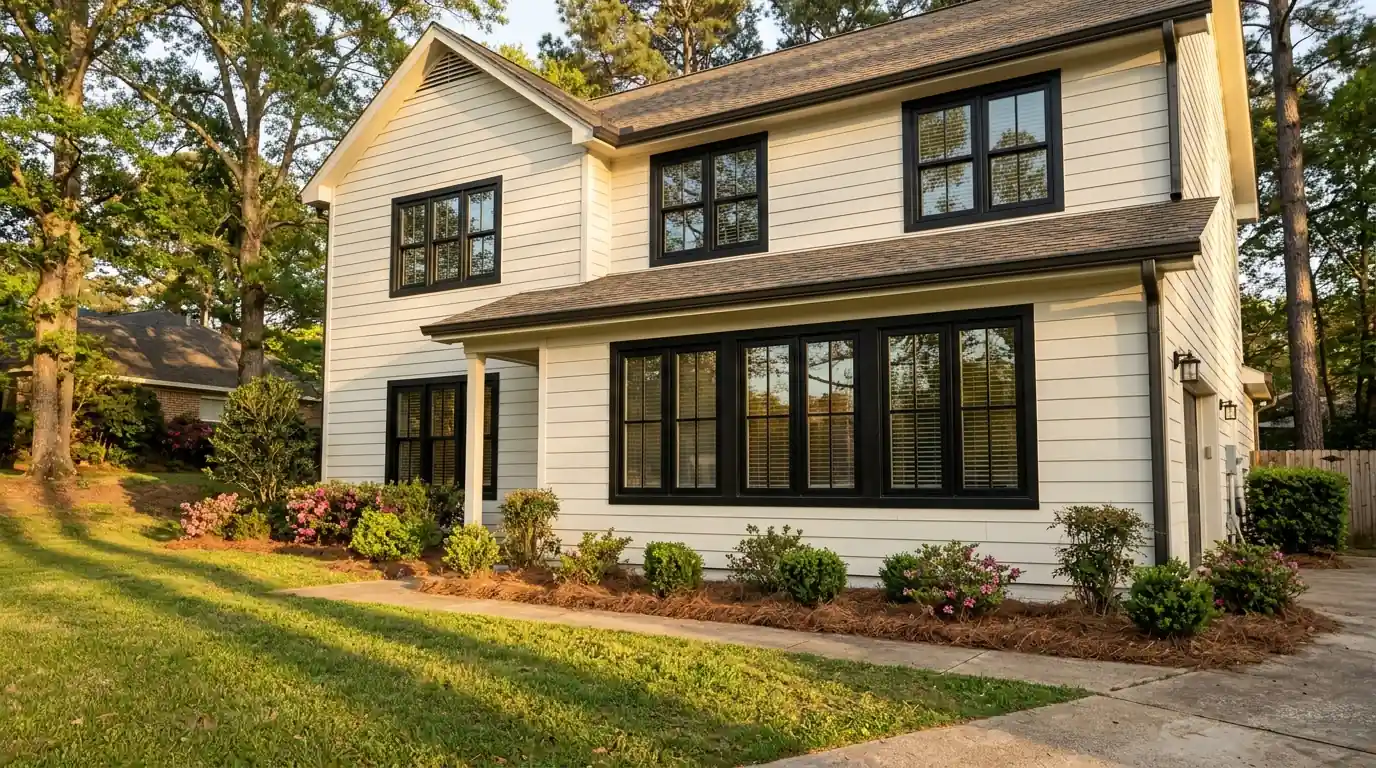 Row of newly replaced black composite casement windows on a two-story painted siding home in central Arkansas, late afternoon sun