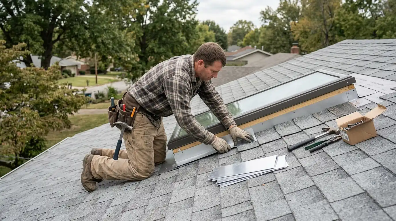 Roofer setting new step flashing around a rectangular skylight curb on a gray shingle roof in Little Rock, partly cloudy afternoon