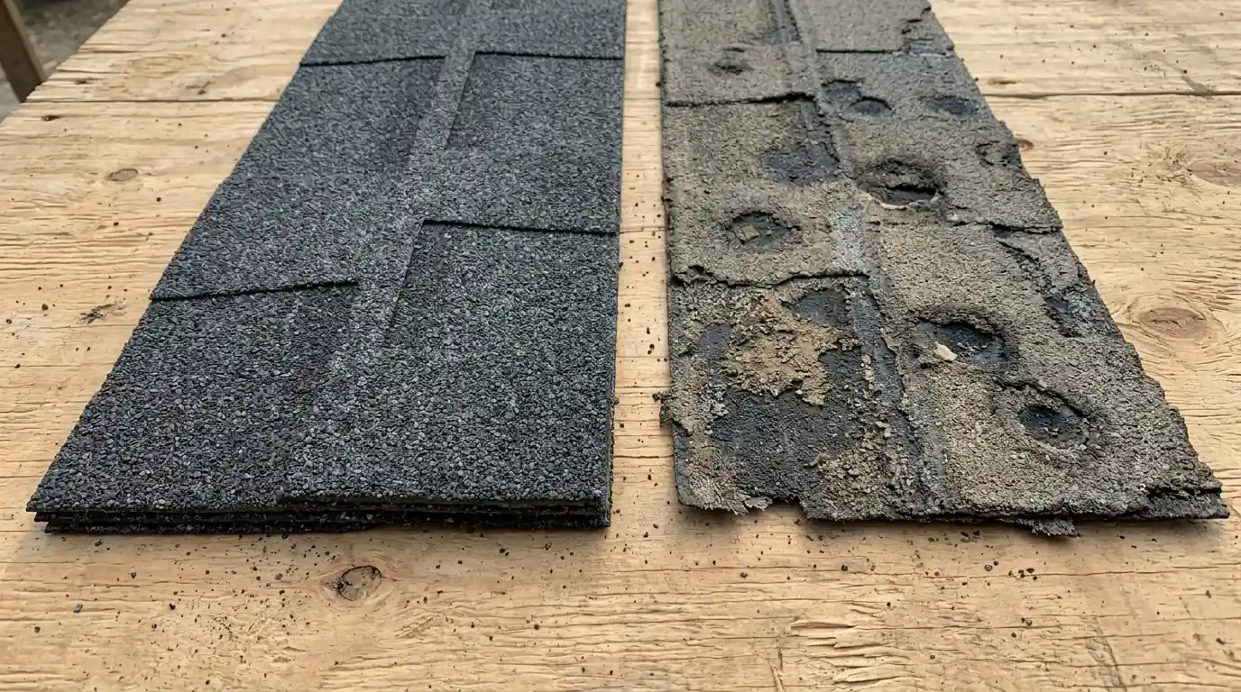 Close view of a flexible impact-resistant shingle beside a cracked older shingle with hail bruises, laid side by side on plywood decking