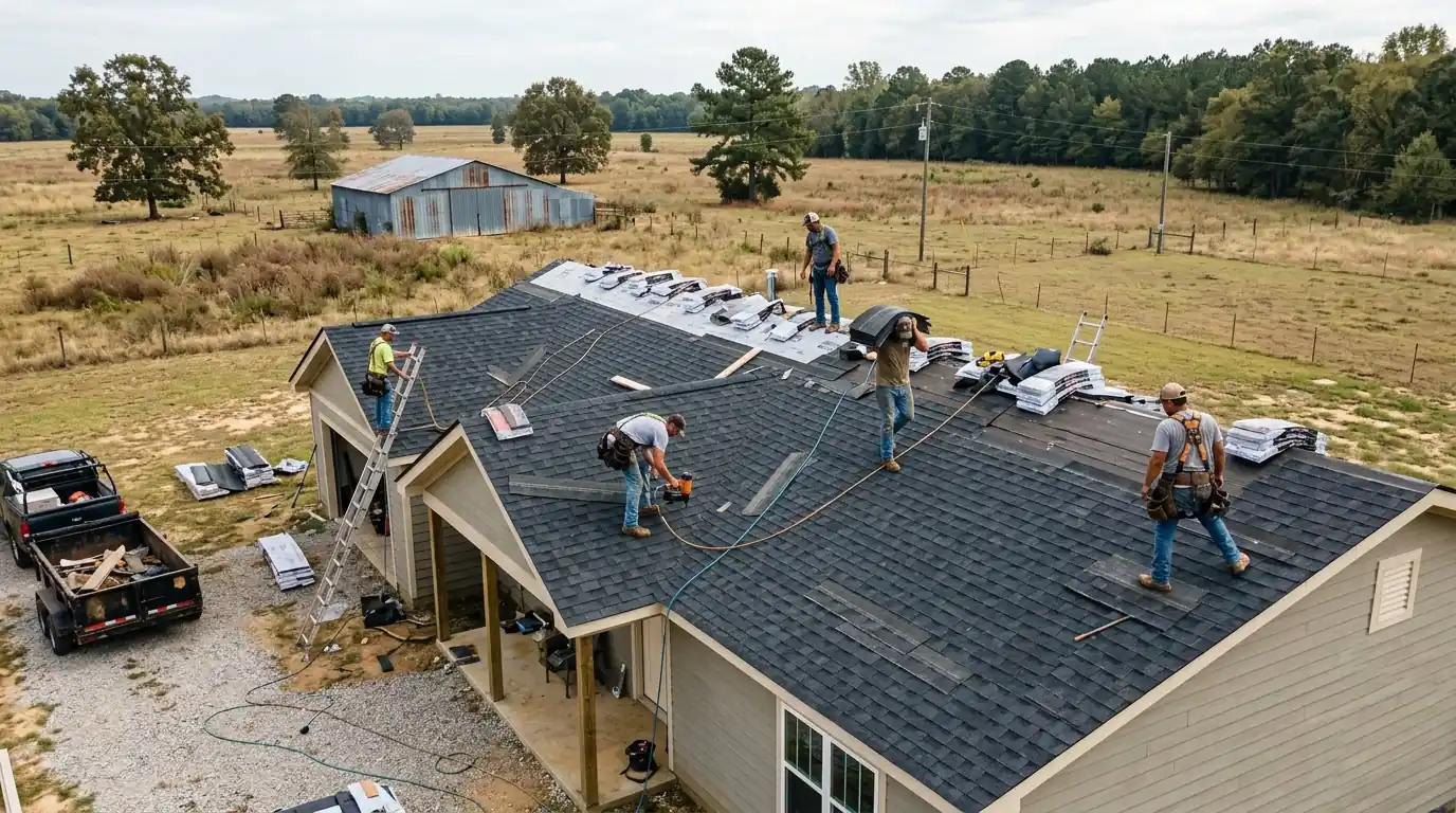 Roofing crew installing new shingles on a rebuilt ranch home in rural Faulkner County Arkansas, open fields and a metal barn in the background