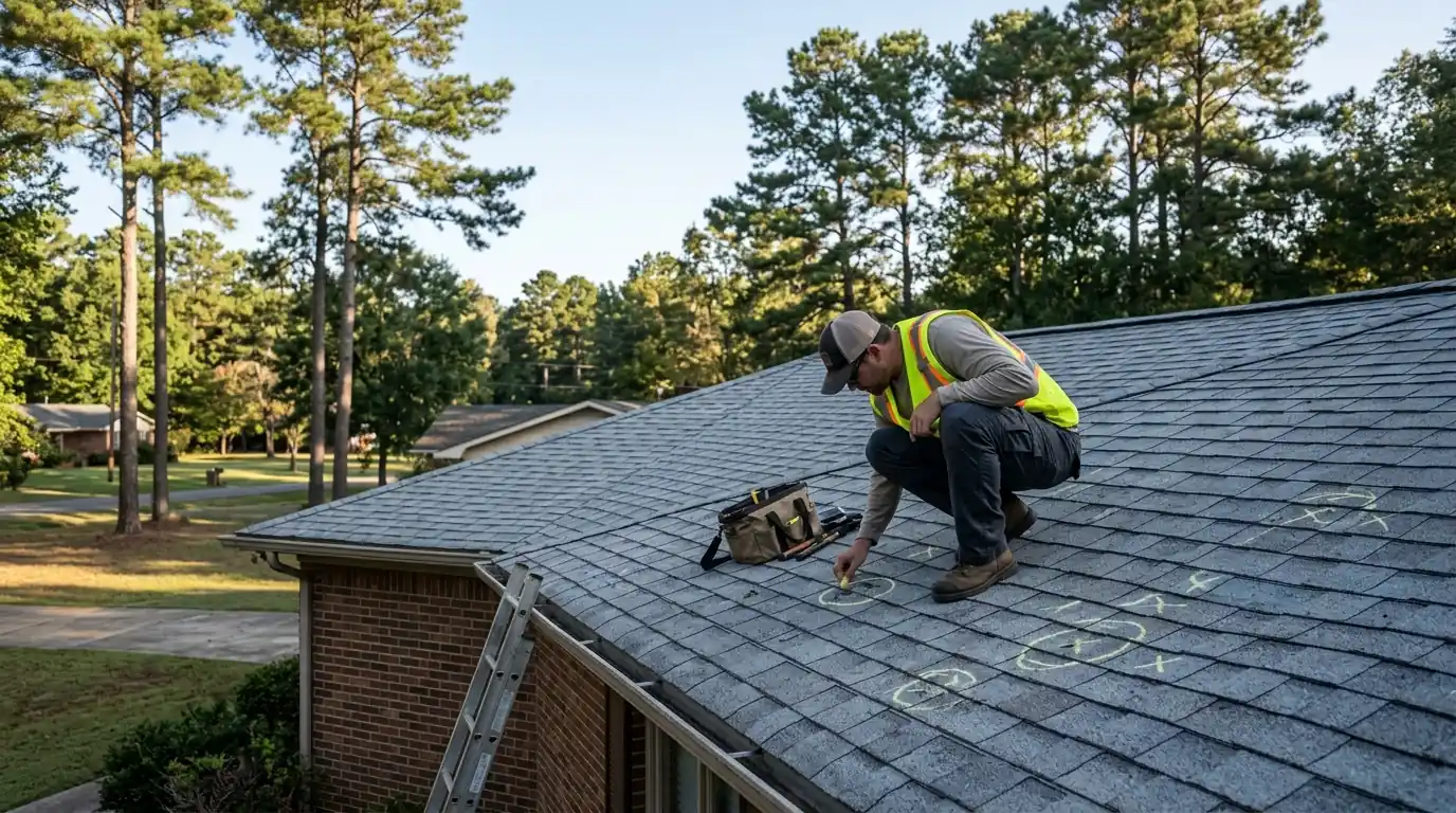 Roof inspector marking hail hits with chalk on gray architectural shingles of a brick ranch home in Russellville Arkansas, pine trees nearby, clear morning