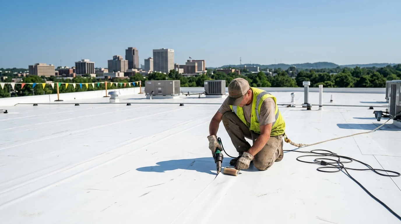 Roofer using a hot air welder along the seam of new white TPO membrane on a flat commercial roof in Little Rock, bright sun