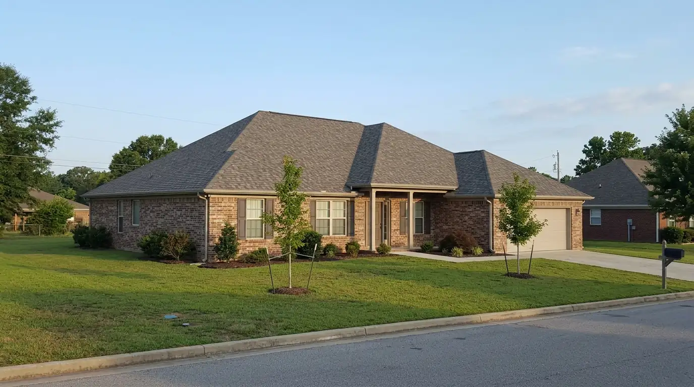 Single-story brick home in White Hall Arkansas with a new hip roof in weathered wood colored shingles, young trees in the yard, clear morning