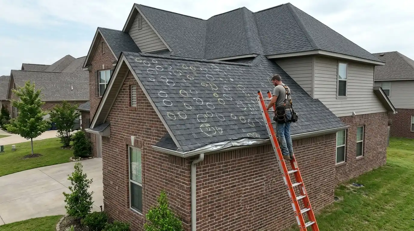 Newer subdivision home in Ward Arkansas with a hail damaged shingle slope marked with chalk circles, dented gutter, roofer on ladder