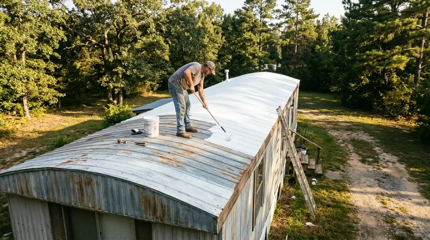 White elastomeric coating being rolled across a low curved metal roof on a single wide manufactured home near Little Rock, sunny morning