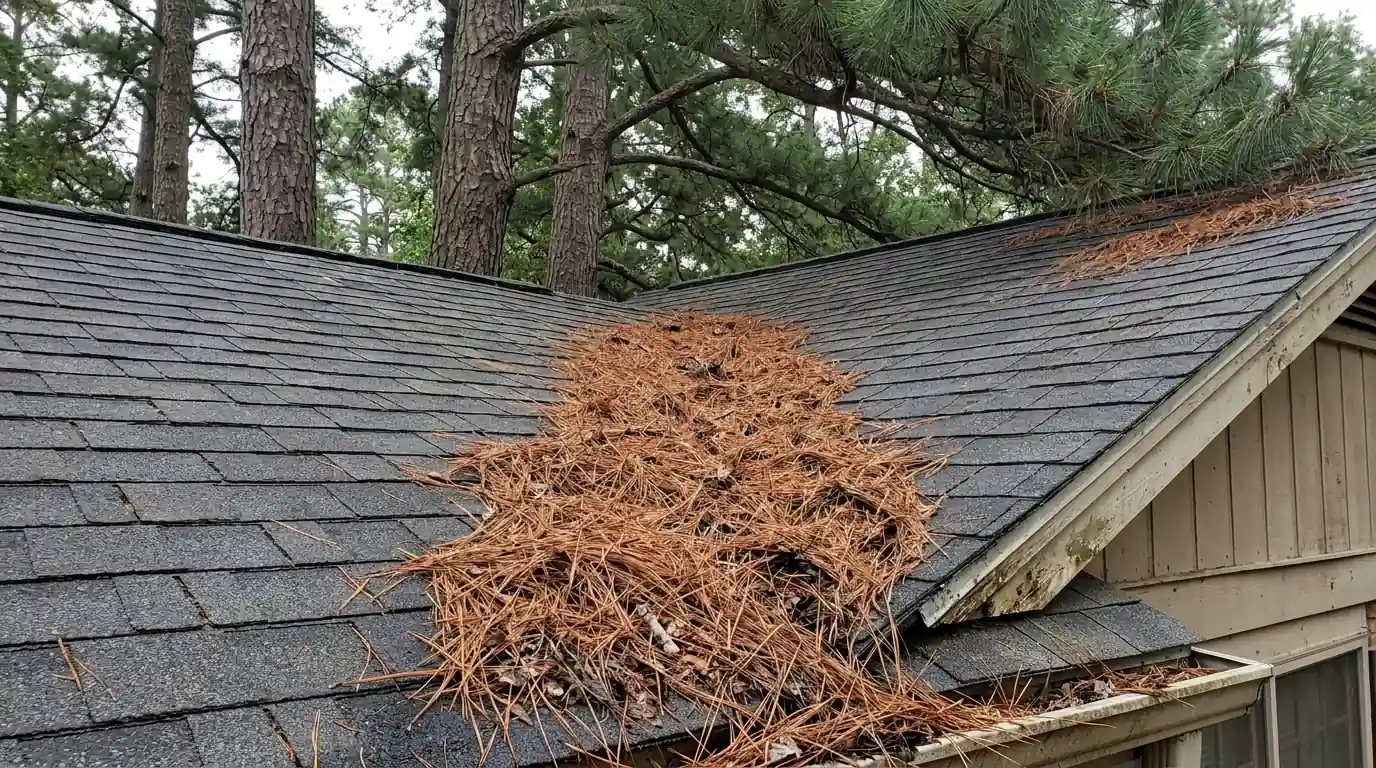 Thick mat of pine needles packed into a closed-cut roof valley on a central Arkansas house shaded by tall loblolly pines
