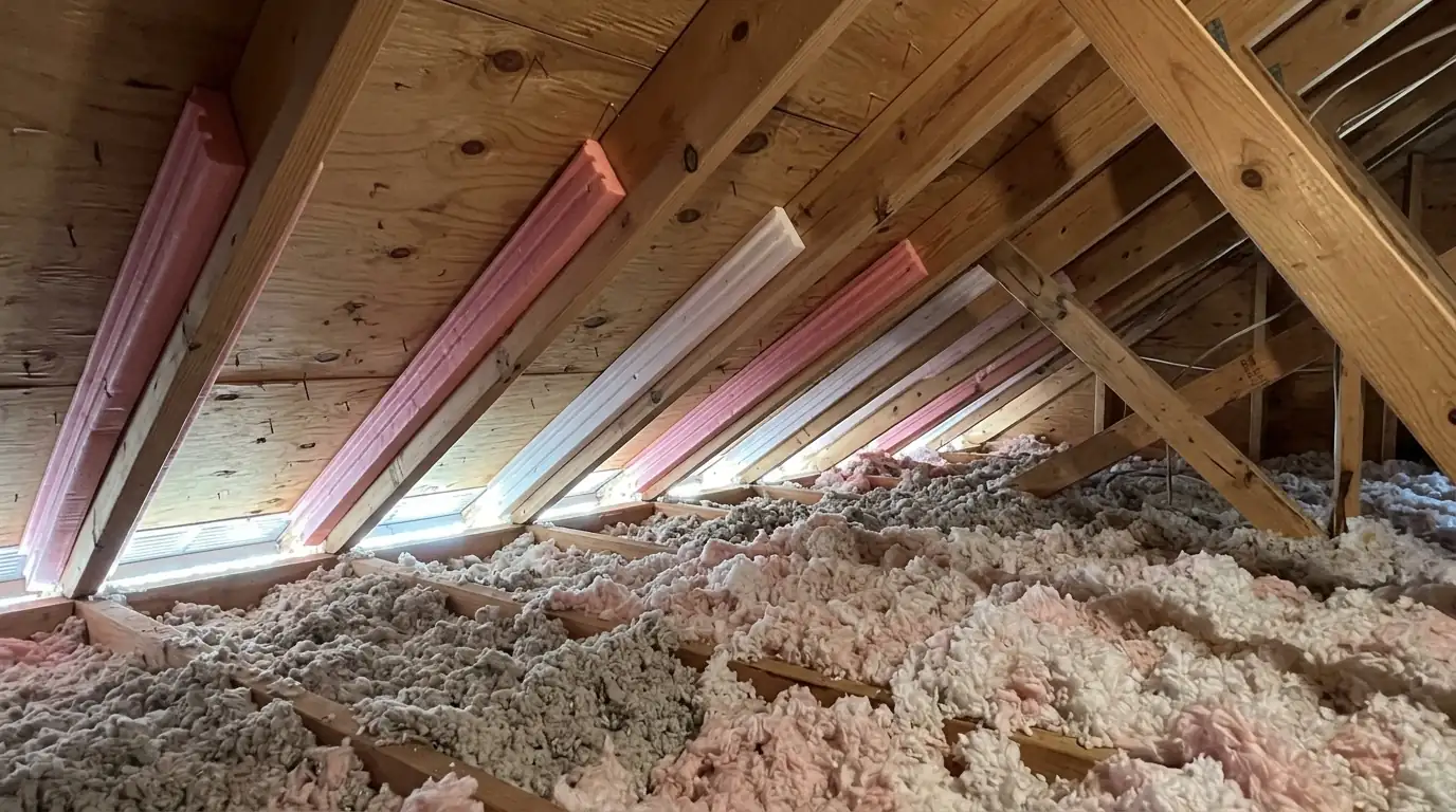 Attic interior showing foam baffles between rafters keeping blown insulation clear of new soffit vents, daylight entering at the eaves