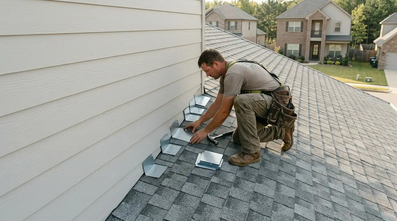 Roofer installing step flashing along a siding wall on a newer subdivision home in Alexander Arkansas, gray architectural shingles, clear afternoon