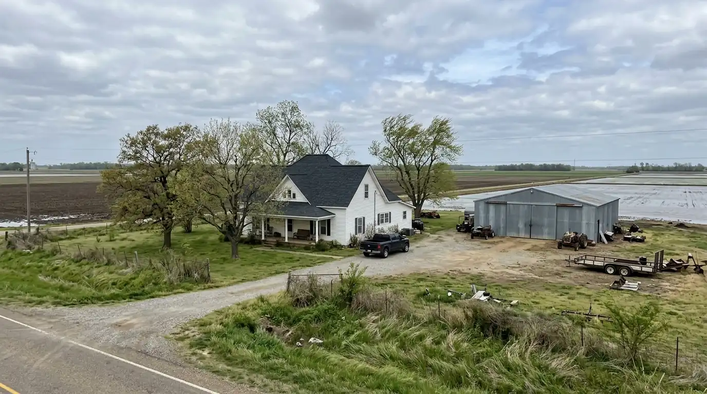 Farmhouse outside Lonoke Arkansas with new shingle ridge caps and a metal equipment barn beside flat rice fields, windy spring sky