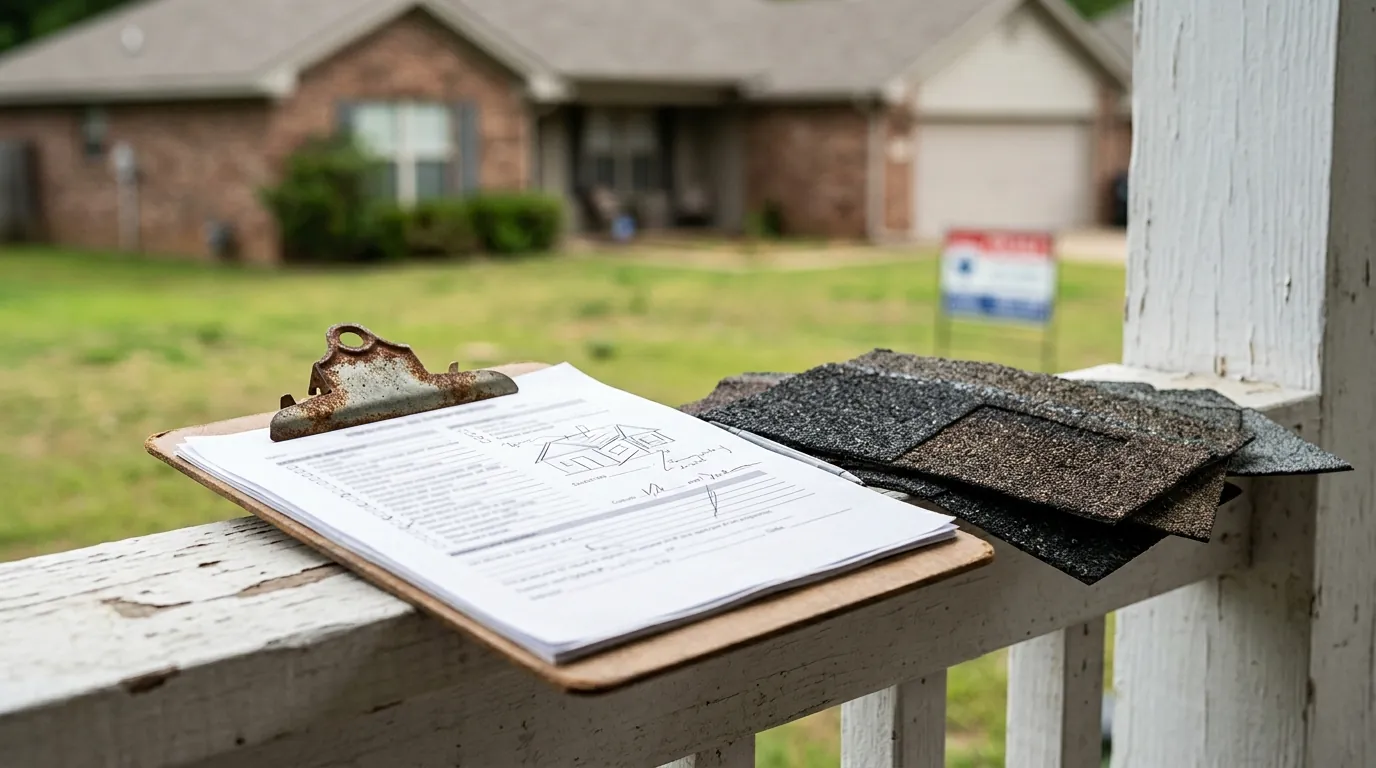Close view of a roof condition letter clipboard resting on a porch rail beside shingle samples, central Arkansas suburban home for sale in background, no readable text