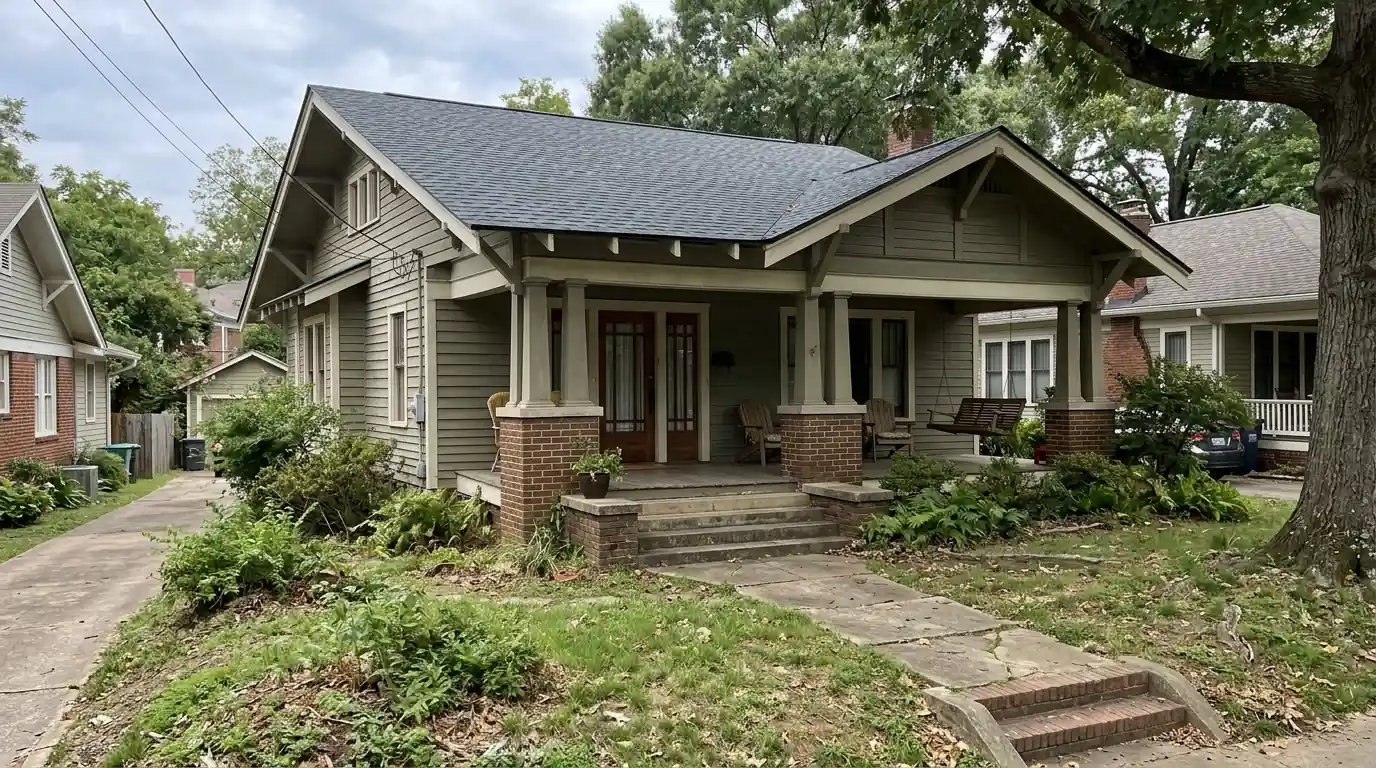 Low pitch 1920s Craftsman bungalow in Capitol View, Little Rock with exposed rafter tails, new charcoal shingles and a deep front porch roof