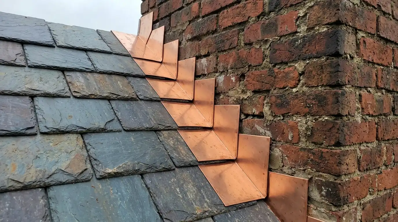 Close view of new copper step flashing set against an old brick chimney between rows of weathered slate tiles, overcast afternoon