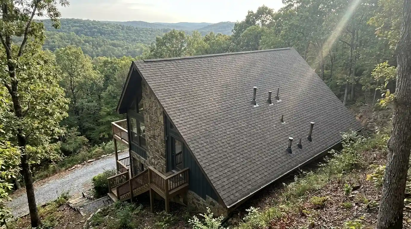 Steep hillside home with new architectural shingles in Cleburne County Arkansas, hardwood forest and rolling hills behind, roof jacks along the slope