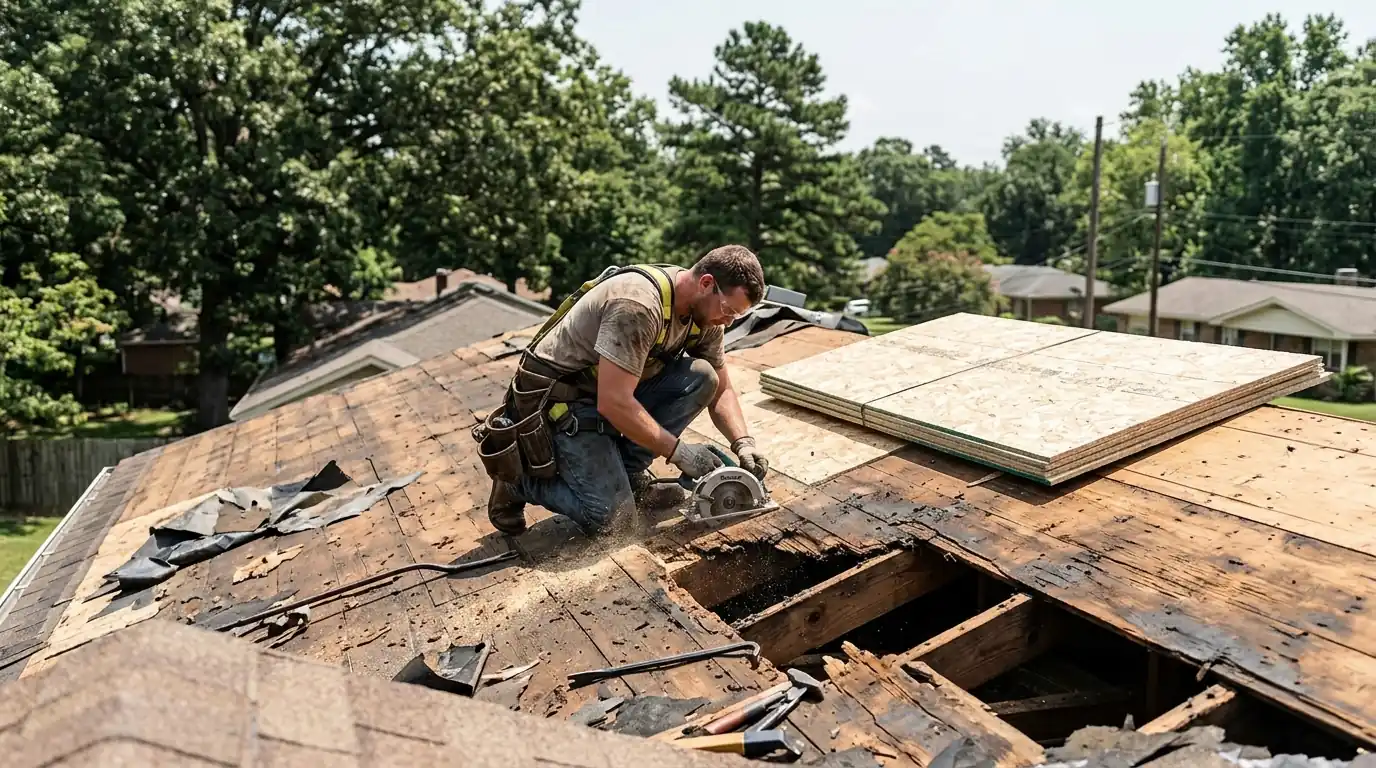 Roofer cutting out a rotted dark plywood sheet on a torn off roof deck in Little Rock, new pale OSB panels stacked nearby, midday