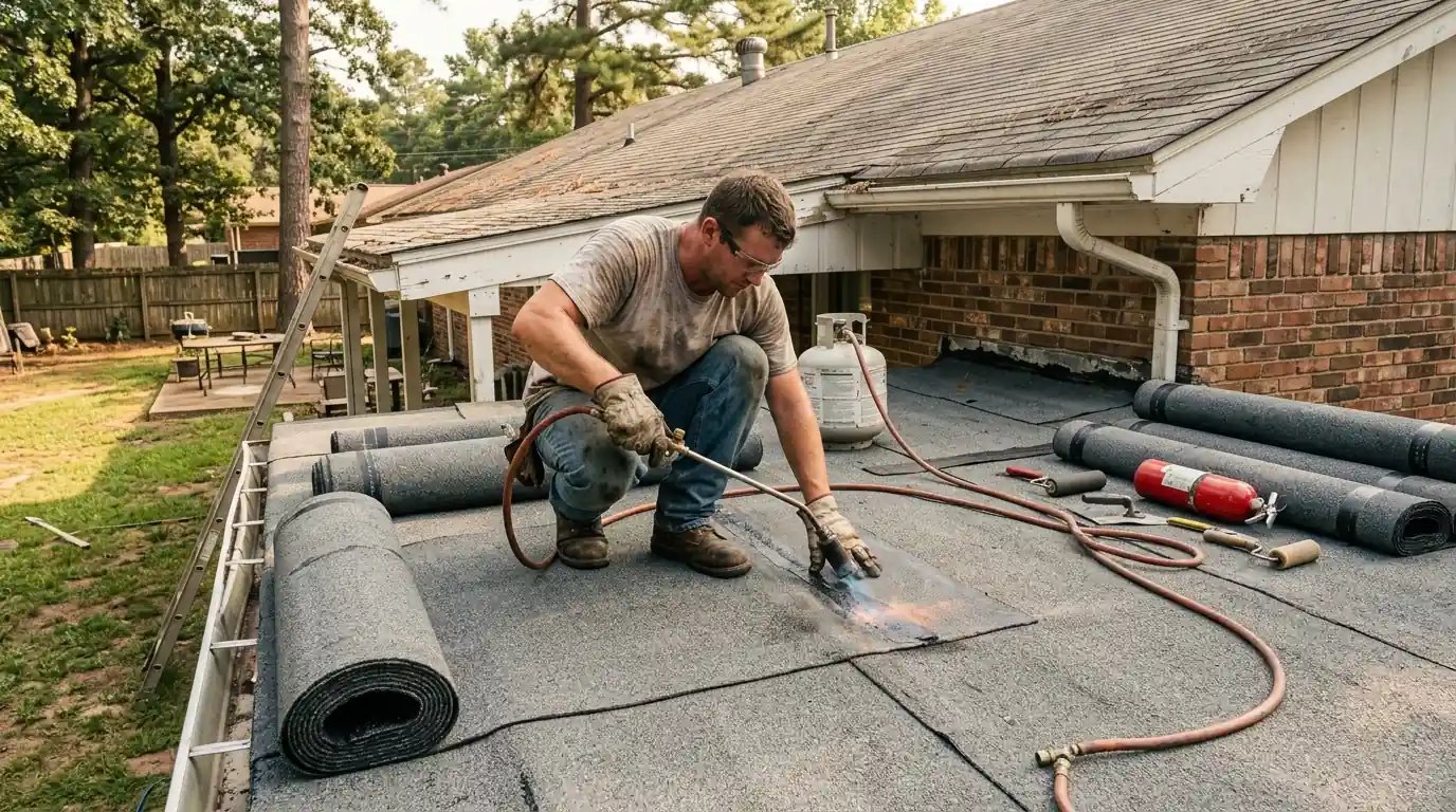 Roofer heat-welding a granulated modified bitumen cap sheet on a low-slope rear porch roof of a brick ranch home in Little Rock, summer afternoon