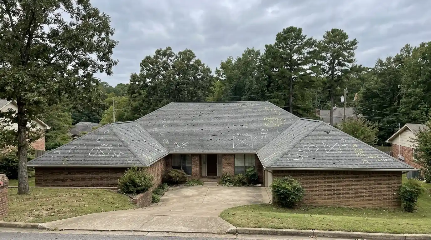 Wide view of a hail-bruised gray shingle roof on a west Little Rock brick ranch with chalk marks on several slopes, overcast afternoon