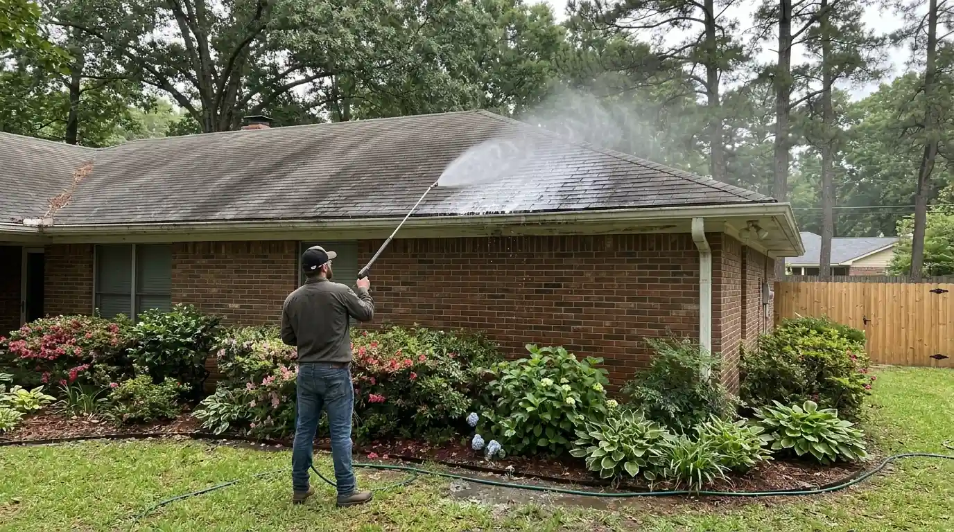 Low-pressure soft-wash wand spraying cleaning solution across streaked shingles, wet shrubs and flower beds below a brick ranch house in central Arkansas