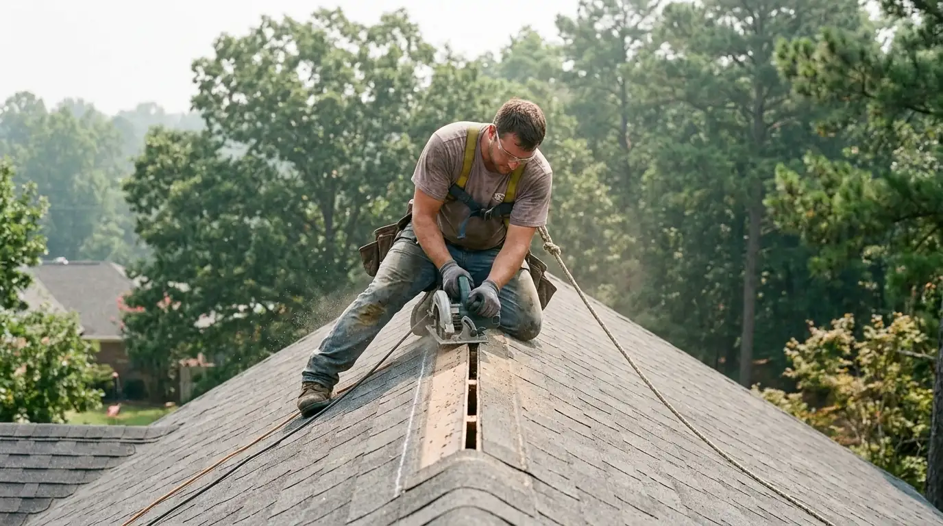 Roofer cutting a ridge vent slot along the peak of a shingle roof in central Arkansas, summer haze and trees behind