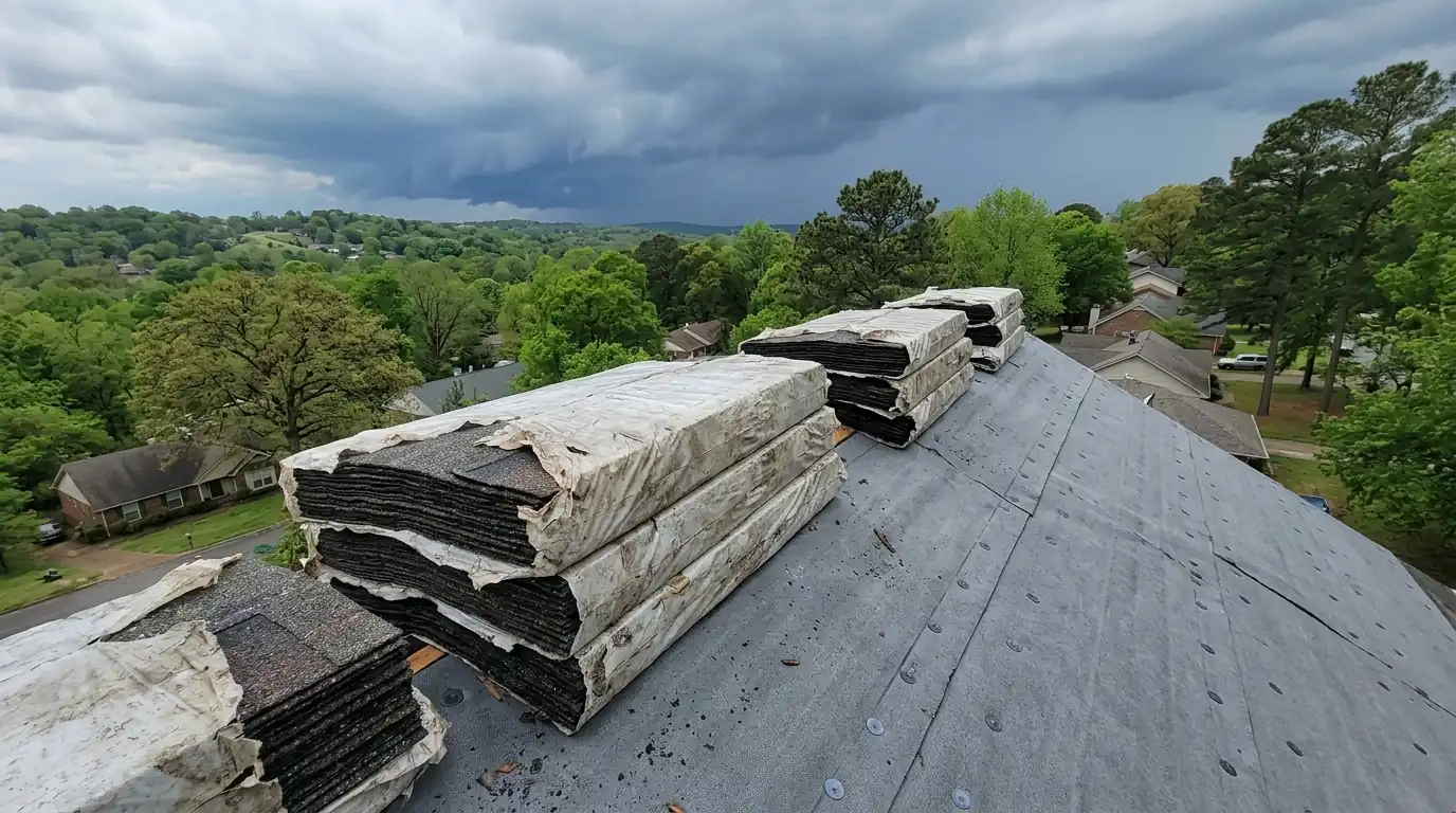 Bundles of Class 4 impact-resistant shingles stacked on a Little Rock roof ridge beside fresh underlayment, gathering spring storm clouds in the distance