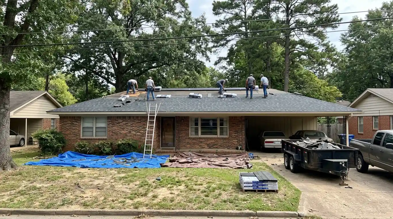 One story 1950s brick ranch home in Briarwood, Little Rock getting a new low pitch shingle roof with continuous ridge vent, carport on the side