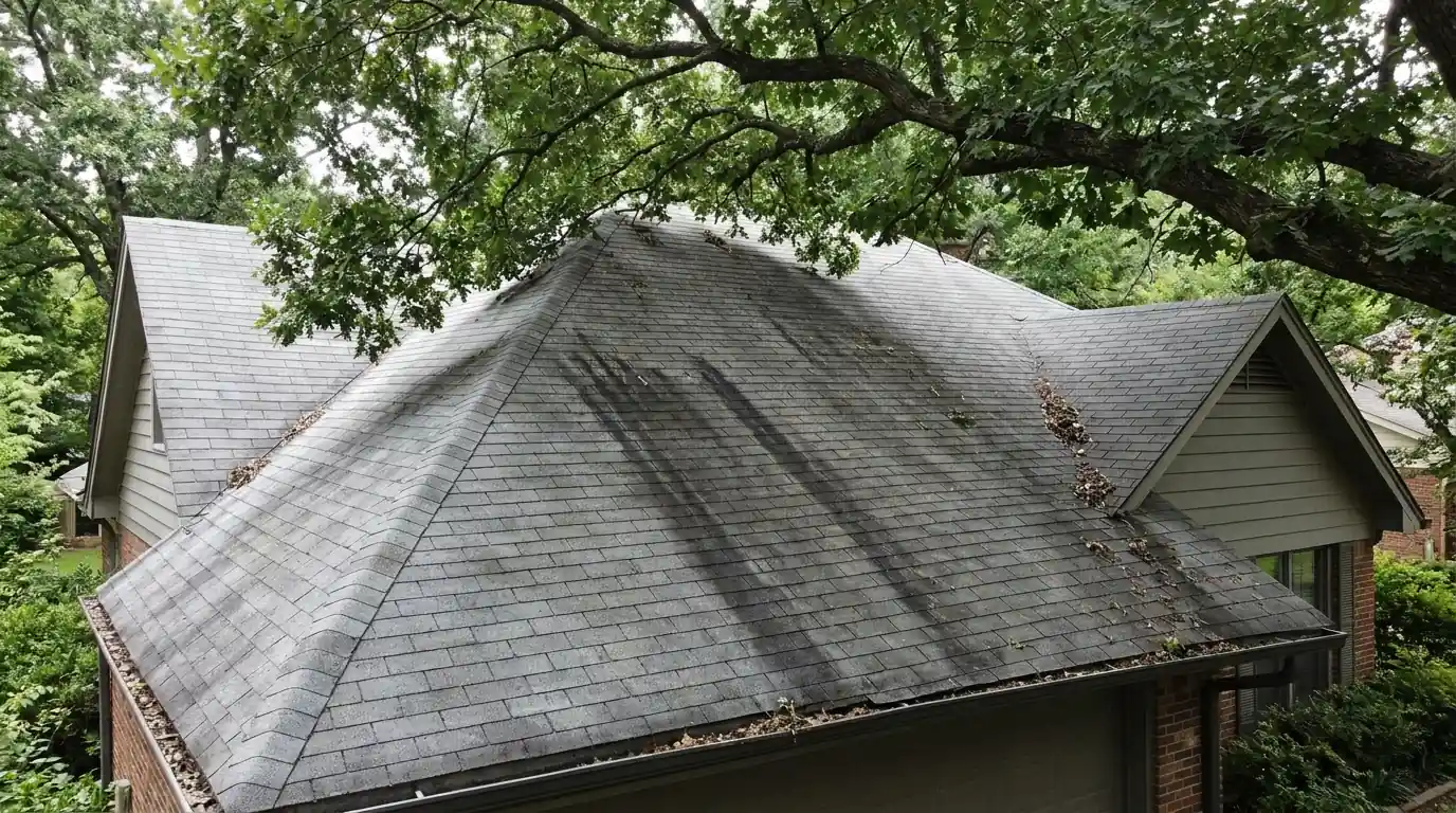 North facing slope of a gray shingle roof in Little Rock with dark algae streaks running from ridge to gutter under oak branches