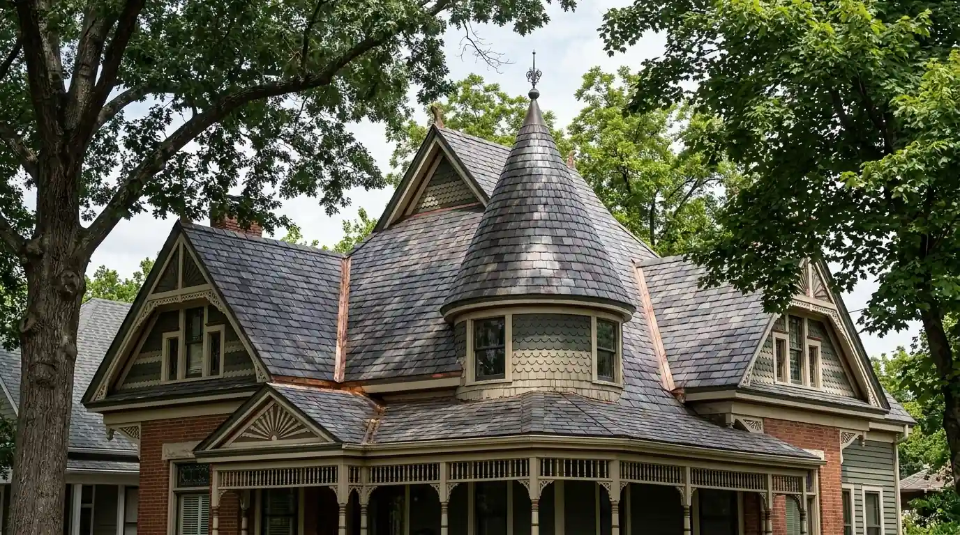 Steep Victorian slate roof with a turret and copper valley flashing on a historic home in the Quapaw Quarter, Little Rock, mature trees around