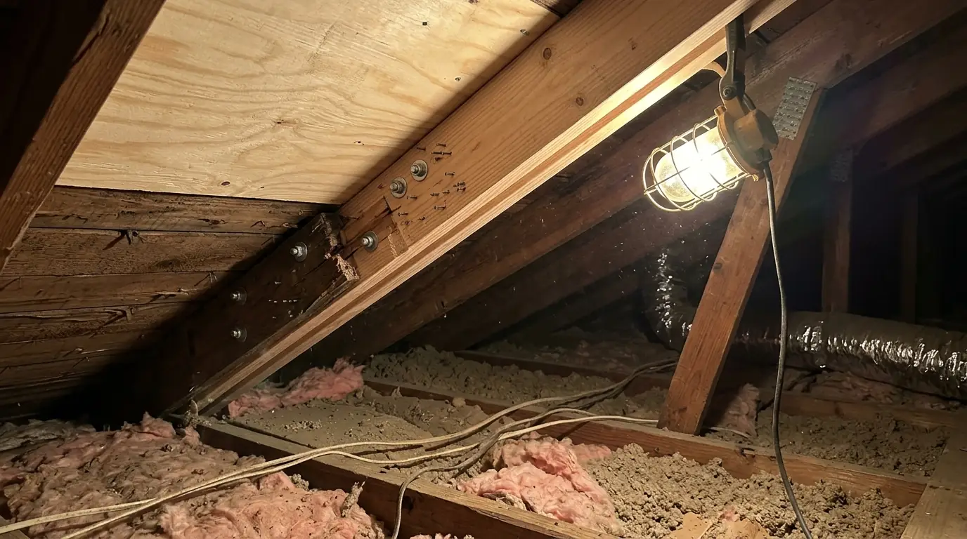 Attic interior with a new rafter sistered beside a cracked one under fresh plywood decking, work light glowing, central Arkansas home after a tree impact