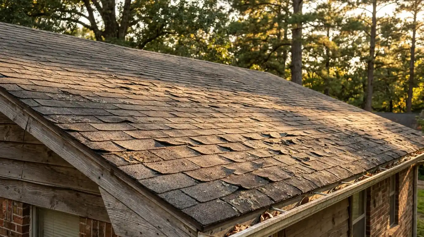 Curling three-tab shingles on a south-facing slope of an older central Arkansas home, late afternoon sun across the roof