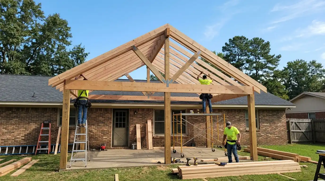 Crew framing a new gable patio cover attached to a brick ranch home in Little Rock, rafters and beam exposed against blue sky