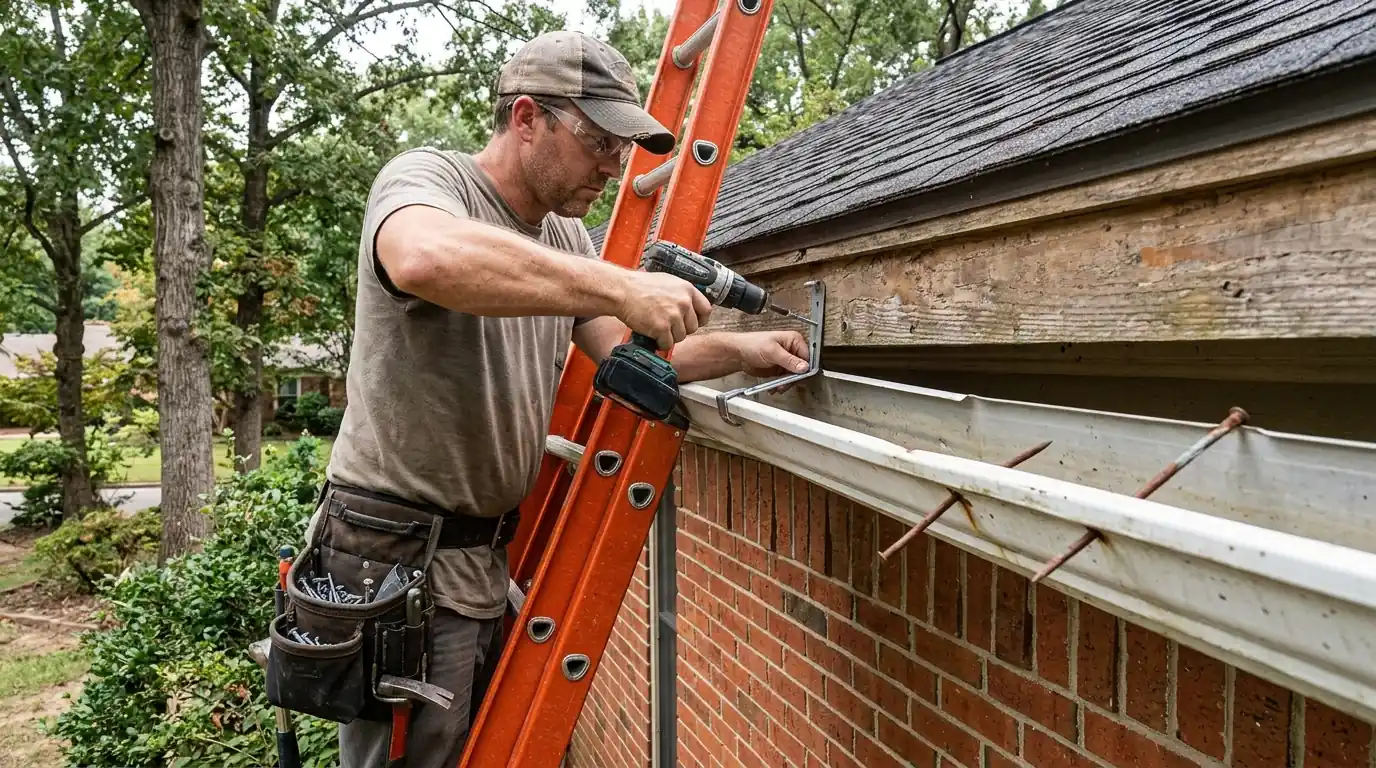 Worker replacing old gutter spikes with hidden hangers on a sagging aluminum gutter along the fascia of a Little Rock home, ladder against brick