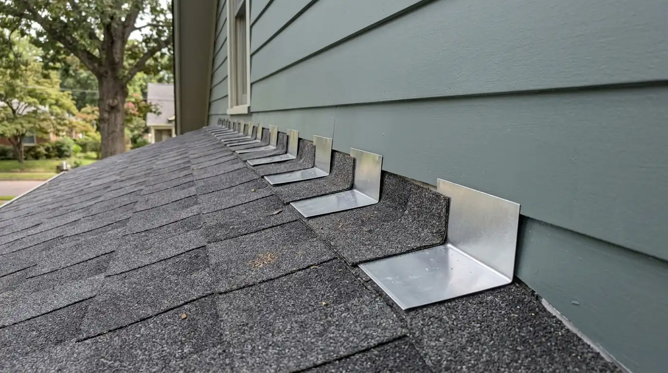 New aluminum step flashing woven into fresh shingle courses where a roof meets a painted siding wall on a Little Rock home
