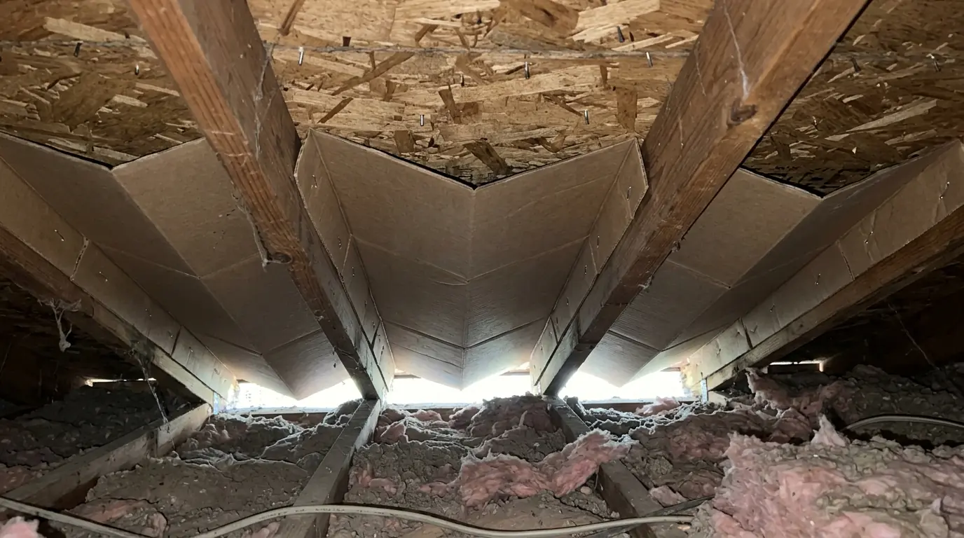 Cardboard vent baffles installed between rafters at the eaves of a central Arkansas attic, daylight showing through soffit vents