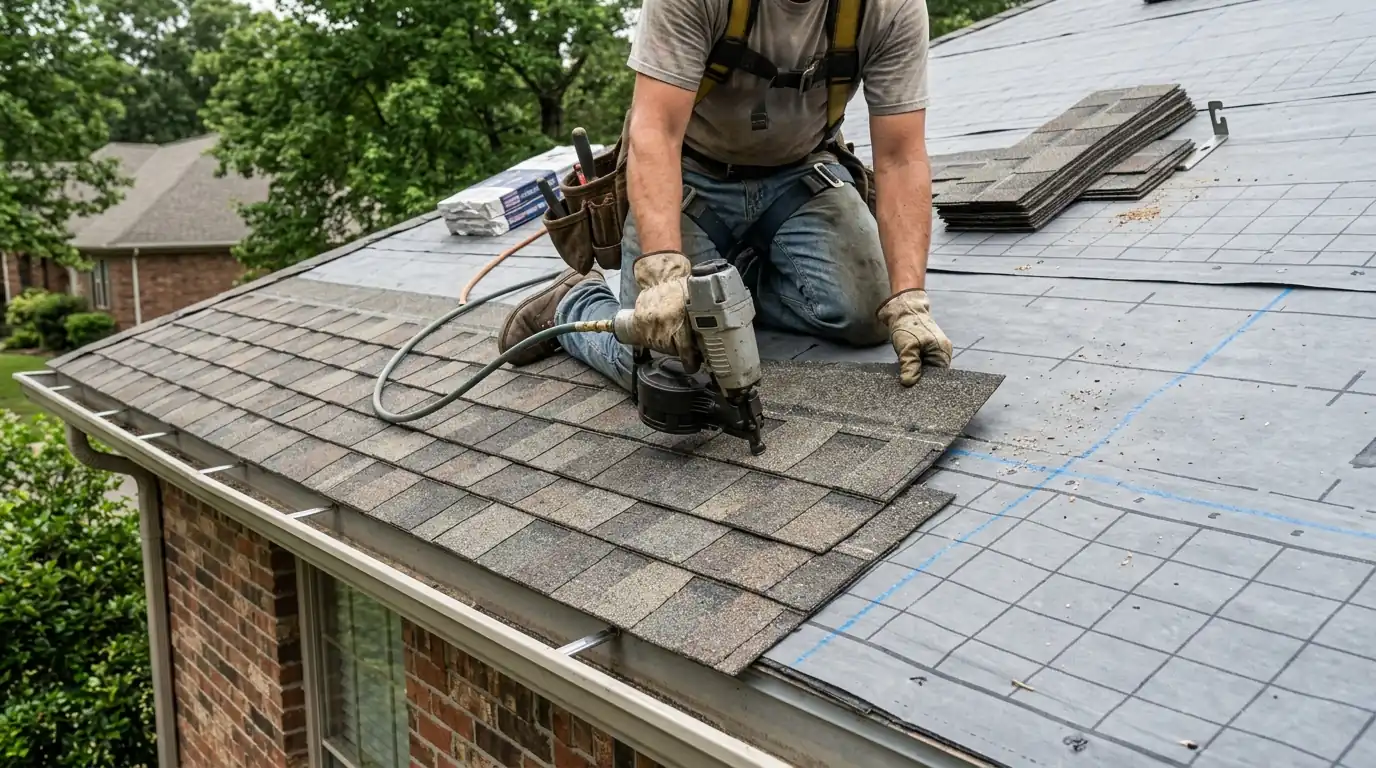 Roofer setting a row of weathered wood architectural shingles with a nail gun on a Little Rock brick home, chalk lines visible on underlayment