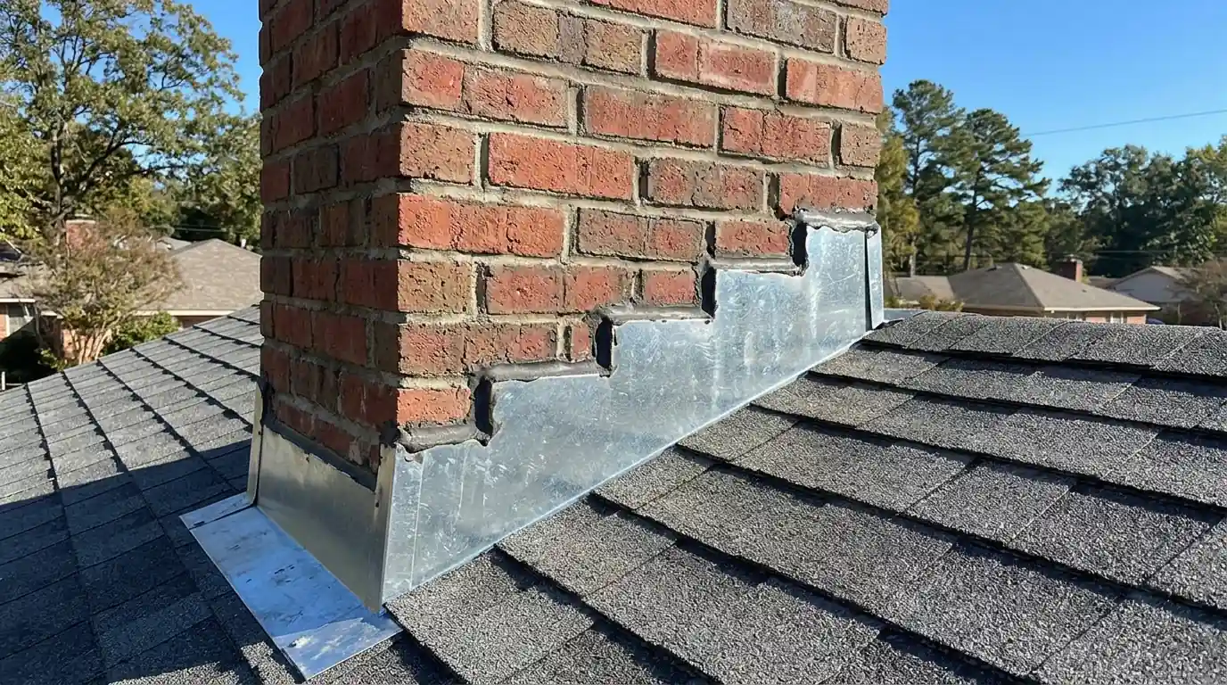 New counterflashing cut into the mortar joints of a red brick chimney on an asphalt shingle roof in Little Rock, clear afternoon