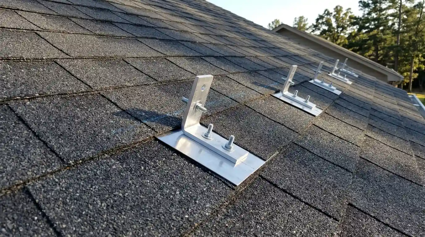 Close view of new flashed solar mounts lagged into fresh charcoal shingles before racking reinstall, central Arkansas home, clear afternoon
