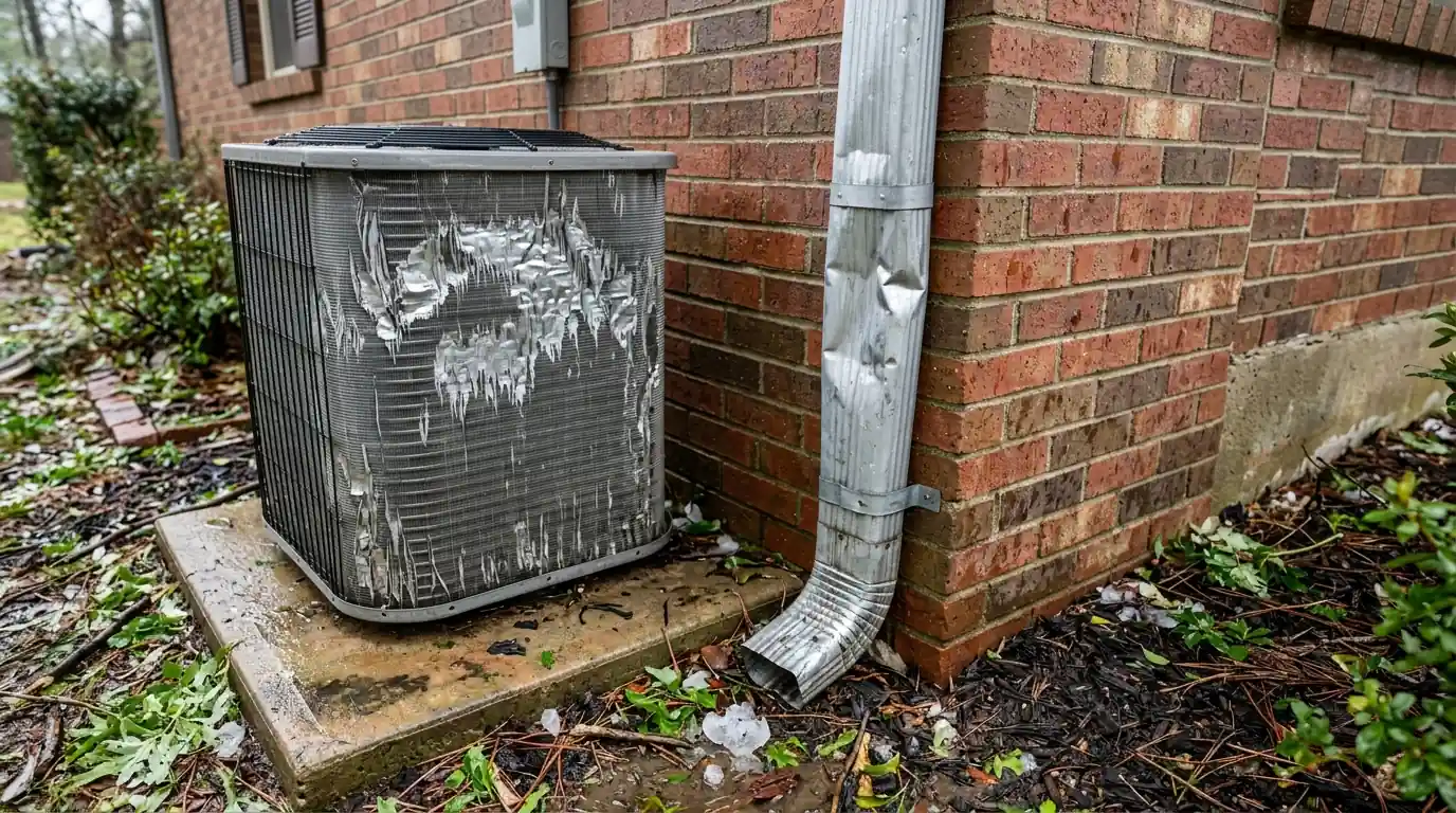 Dented aluminum downspout and hail-chipped AC condenser fins beside a brick house in central Arkansas, overcast morning after a hail storm