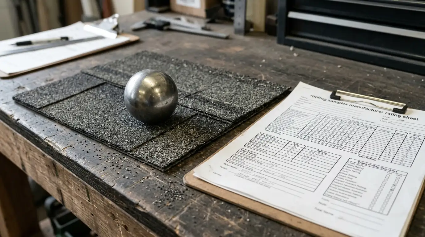 Steel test ball resting on a dark gray impact-resistant shingle sample on a workbench, roofing samples and manufacturer rating sheet beside it