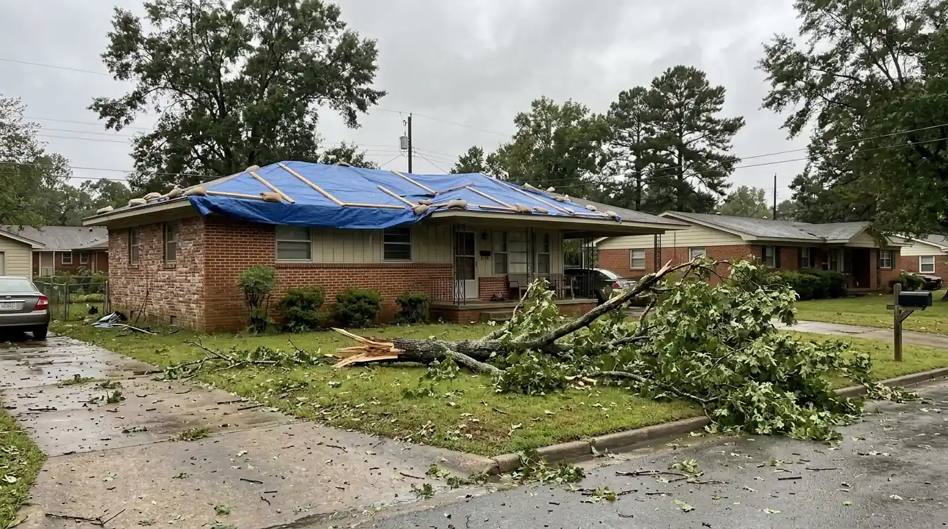 Heavy blue tarp secured over a storm damaged roof on a midcentury one story home in Wakefield, southwest Little Rock, broken oak limb in the yard