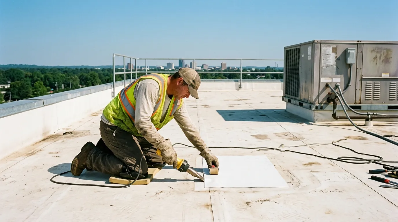 Roofer heat welding a white TPO patch over a split seam on a low slope roof in Little Rock, rooftop HVAC unit nearby, clear day