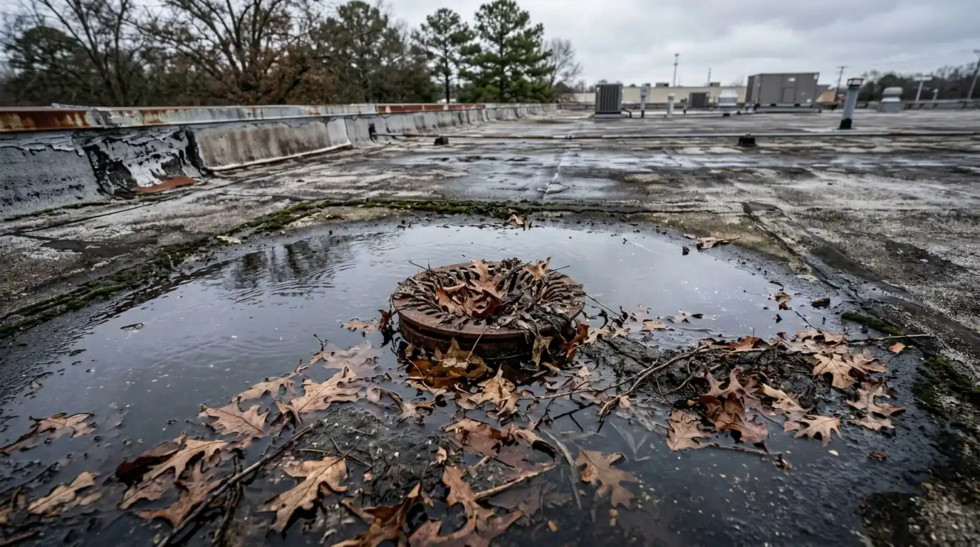 Ponding water around a clogged roof drain on an aging flat commercial roof in central Arkansas, oak leaves collected at the low spot